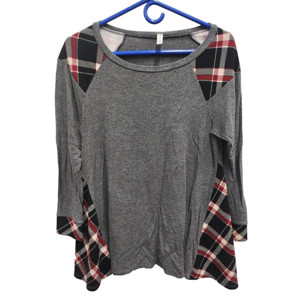 Emerald BOHO Tunic Top Womens Medium Gray Red Plaid‎ Long Sleeve Casual